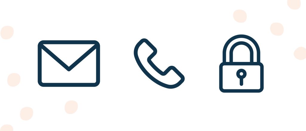 Envelope icon, phone icon, padlock icon all lined up next to one another.