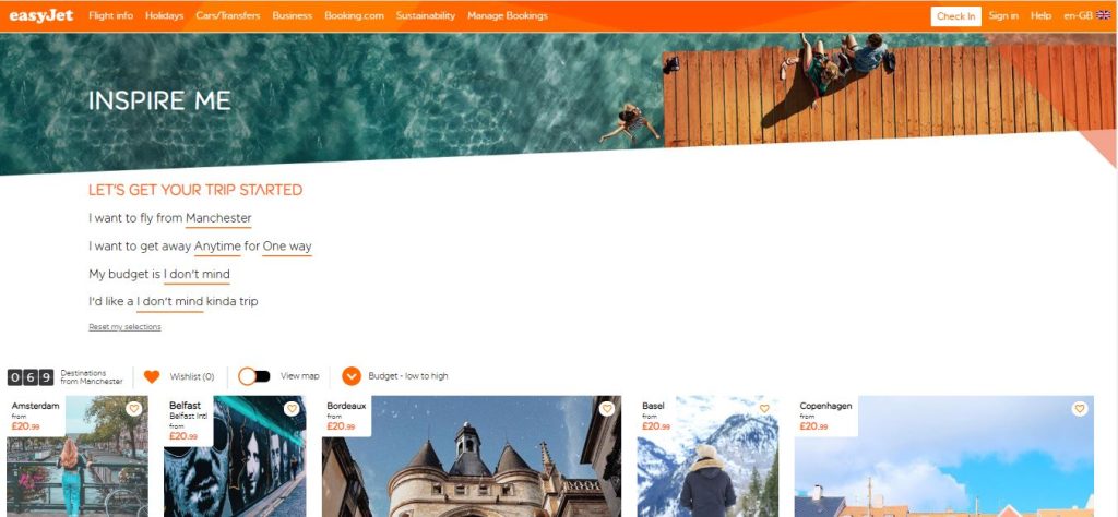 screen shot of easyjet's inspire me website