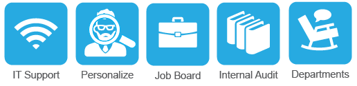 Collection of five icons with labels. The first is Wi-Fi bars with a IT Support label. Second is a man icon with a Personalize label. Third is a briefcase with a Job Board label. Forth is three books with a Internal Audit label. Fifth is a rocking chair with a Departments label.